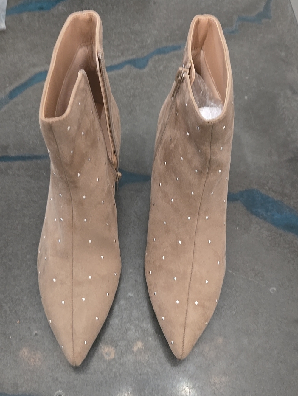 Women's Taupe Suede Pointed Toe Ankle Boots with Stud Detail